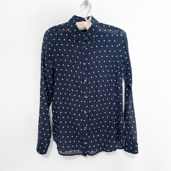 J. Crew Navy Polka Dot Long Sleeve Button Front Top Size 2 Cotton & Silk Blend - Picture 1 of 11